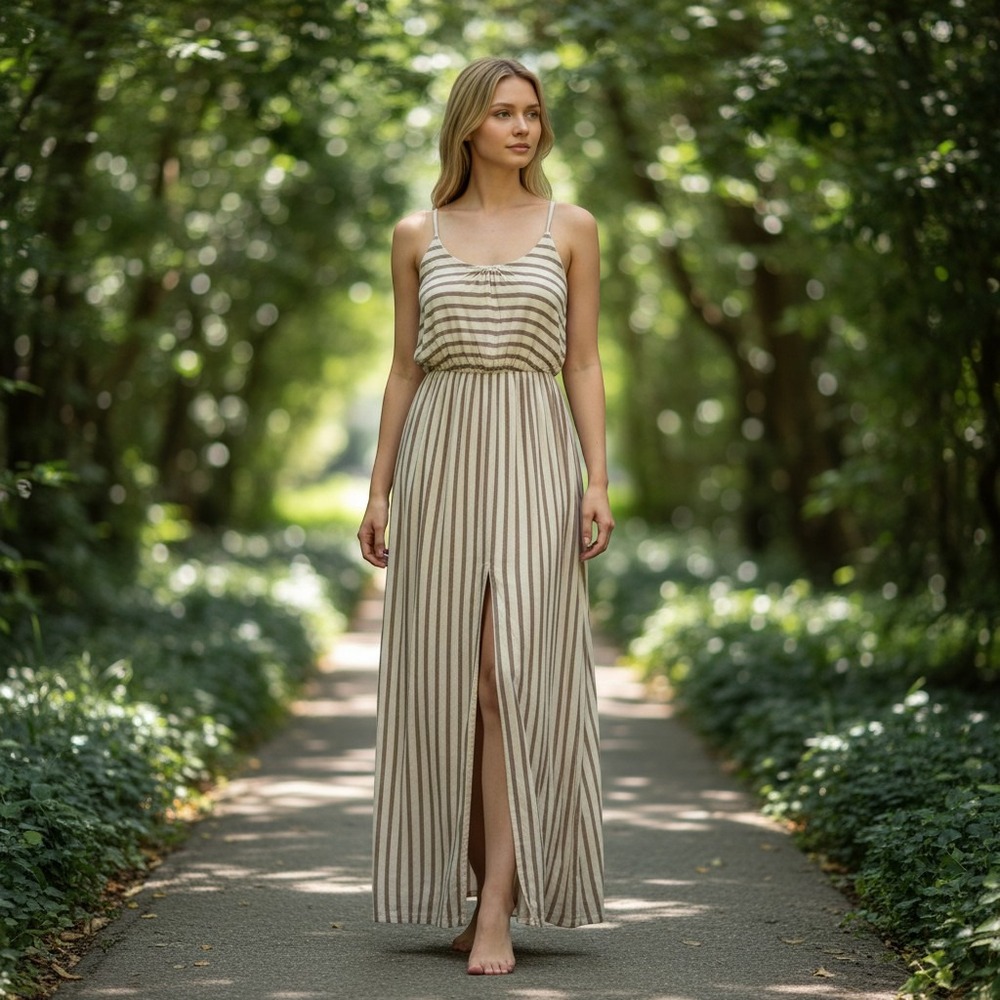 White Birch Striped Maxi Dress Beige Cream Sleeveless Slit Elastic Waist M USA